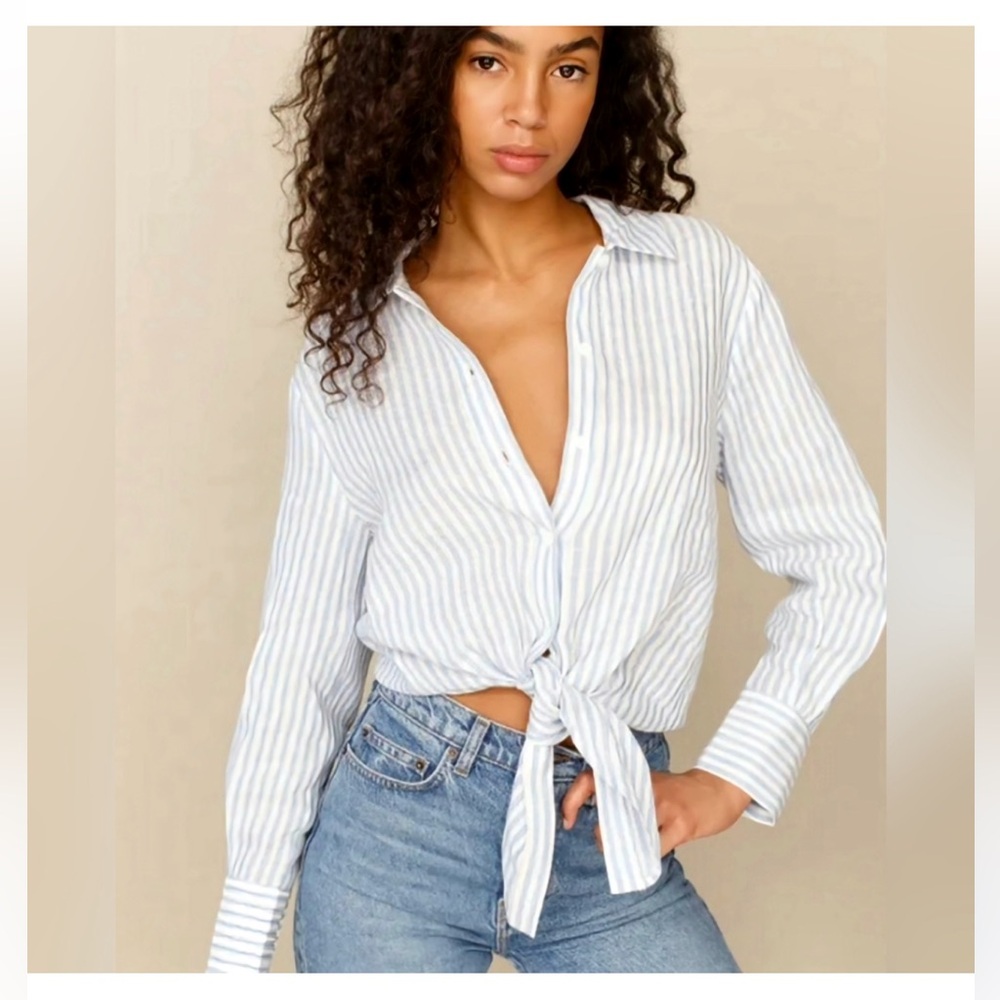 Reformation Anzio Striped Long Sleeve Tie Front Linen Shirt In Blue/White Size M